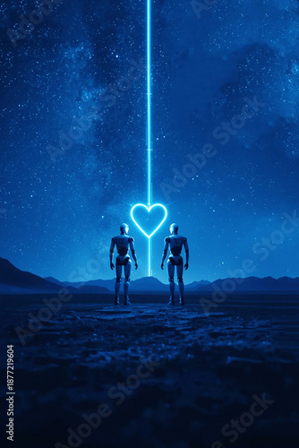 Two robots standing under a glowing heart in a starry night