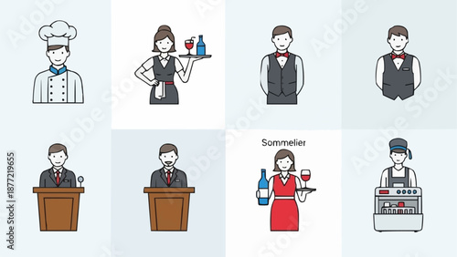 Collection of restaurant service industry profession icons.