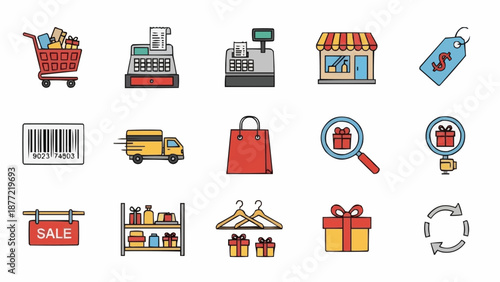 Collection of retail and shopping icons in a flat design style.