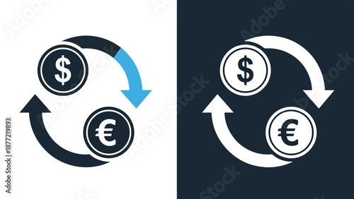 Currency exchange arrows circular flow vector illustration. Blue icon bundle. Line and glyph icon set. Outline and solid icon collection. Editable Stroke Flat Vector