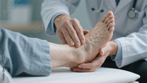 doctor examining senior patient foot ankle pain medical checkup