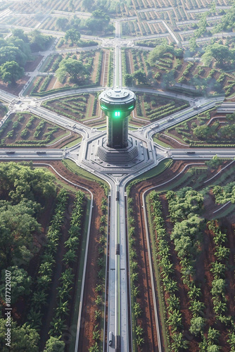 Futuristic cityscape with sleek tower and green highway