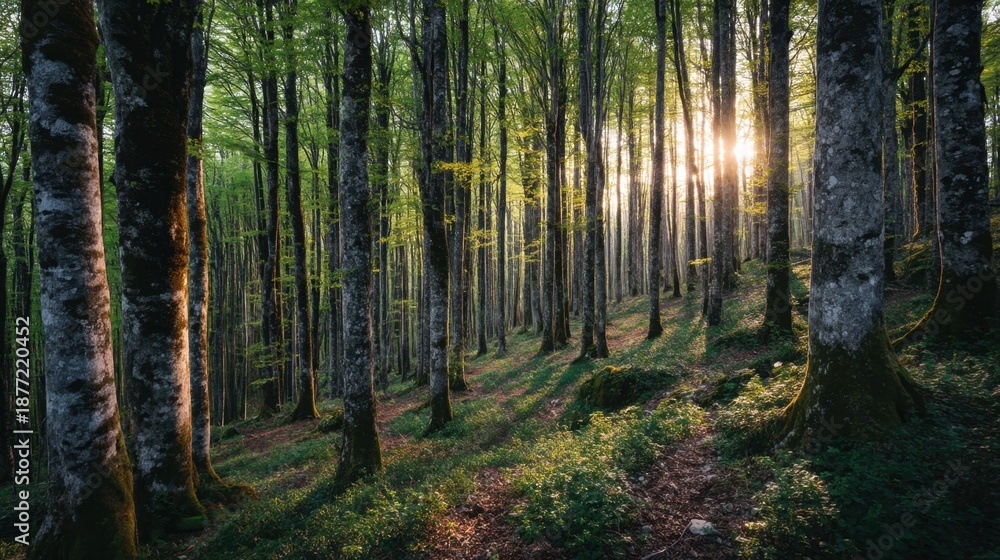 Fototapeta premium Serene Forest Landscape with Sunlight Filtering Through Trees
