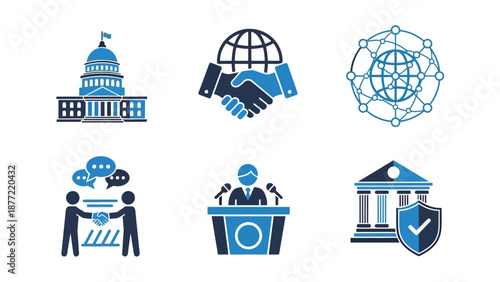 Government and Security Flat Design Vector Icon Set. Blue icon bundle. Line and glyph icon set. Outline and solid icon collection. Editable Stroke Flat Vector