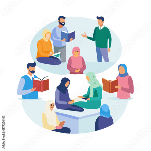 Diverse Muslim Community Vector Illustration Set: People Reading, Talking, and Learning