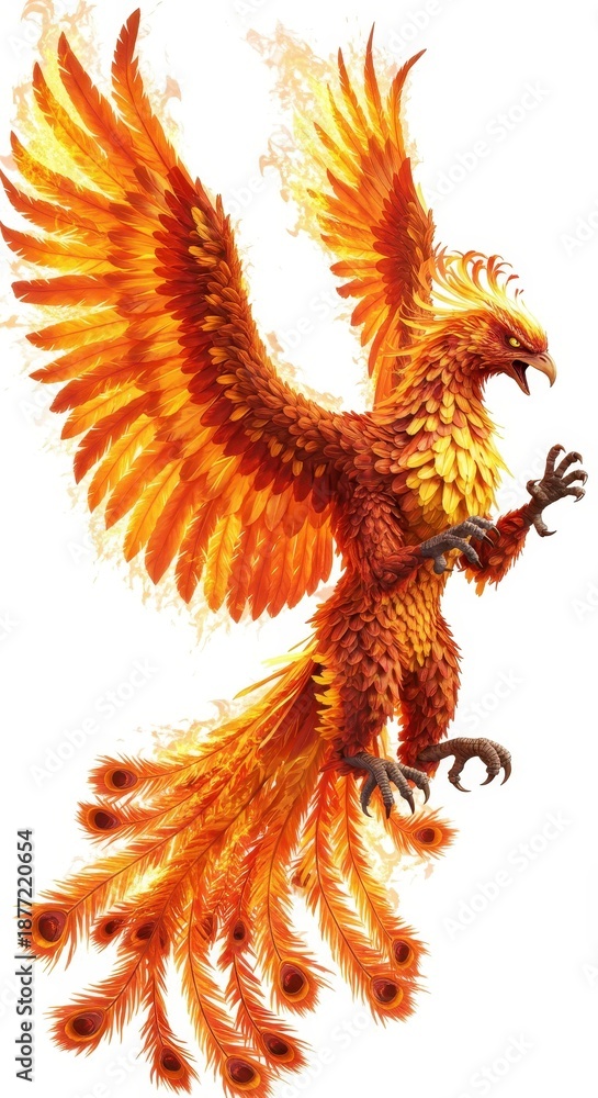 Obraz premium Mythical bird creature covered in vibrant orange and yellow flames soars against a white background