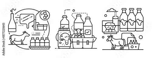 Collection of line art icons illustrating dairy production and milk