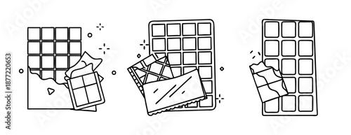 Simple line art chocolate bar illustrations with broken pieces on white