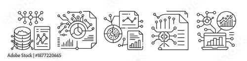 Data Analysis, AI, and Tech Line Icons for Business Intelligence