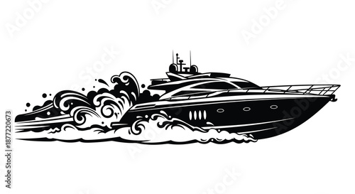 A striking black and white illustration depicts a speeding yacht cutting through ocean waves silhouette