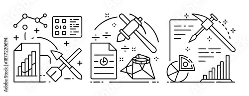 Data mining, analysis, and exploration line art illustration on a white