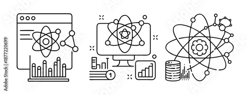 Isolated line art of scientific data, research, computing, and technology