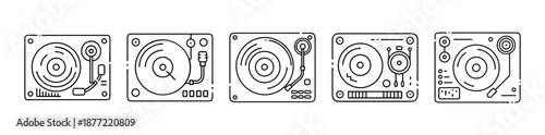 Collection of five minimalist line art turntable icons isolated on white