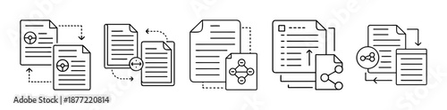 Document workflow and data processing line icons on white background