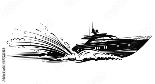 A sleek yacht speeding through the water leaving a dramatic splash depicted as a silhouette