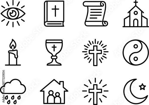 Religious and Spiritual Icons Set Featuring Crosses, Scripture, Yin-Yang, Crescent Moon, Candle, and Chalice for Belief System Graphics