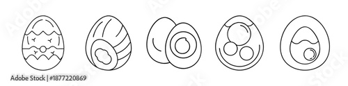 Various egg line art designs, cracked, decorated, and cross-section