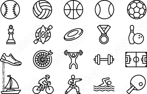 Sports and Physical Activity Icons Set Featuring Team Games, Fitness, Recreation, and Individual Exercise for Event and Lifestyle Design