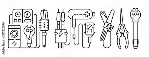 Set of minimalist line art icons for electrical work and appliances