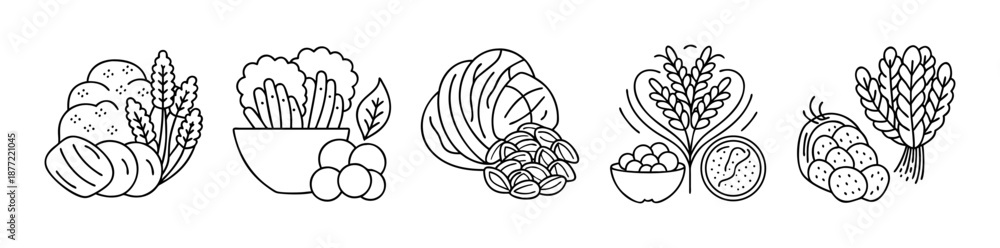 Fototapeta premium Variety of healthy food categories depicted in simple black line art