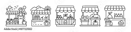 Five outline illustrations of various outdoor market stalls with fresh