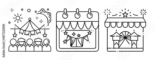 Black line icons of a festive fair, a calendar, and an amusement park set.