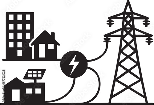 Smart energy grid set connecting city homes solar power and electricity transmission network
