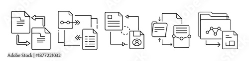 Outline icons depicting document processing, data flow, and workflow