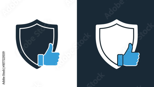 Shield with thumbs up approval vector illustration flat design. Blue icon bundle. Line and glyph icon set. Outline and solid icon collection. Editable Stroke Flat Vector