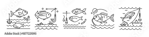 Set of six minimalist fishing line art icons featuring fish, rods