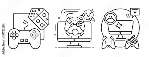Outline Illustrations of Gaming Controllers, Monitors, and Online Play