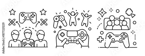 Video game concept icons featuring controllers, players, and online