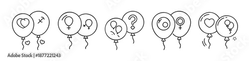 Black and white line art illustration of symbolic balloon pairs floating