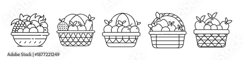 Assortment of five fruit baskets with fresh produce in line art on white