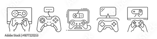 Minimalist line art icons depicting various video game controllers