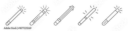 Five simple line art magic wands emitting sparkles on a white background