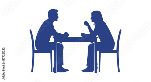 A darkened illustration depicting a couple seated at a table engaged in conversation silhouette