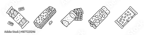 Monochrome line art illustrations of various snack and candy bars