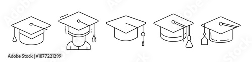 Collection of five academic graduation caps with tassels in a line art