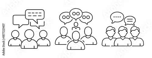 Three sets of black line art icons illustrating group communication