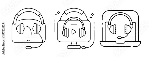 Line art illustrations of headphones and headsets on electronic devices.