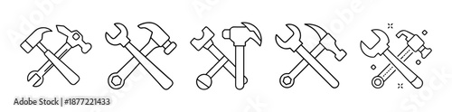 Line Art Illustrations of Crossed Wrenches and Hammers on a White
