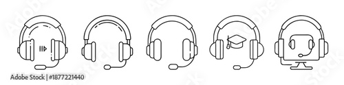 Five black and white outline headphone icons with microphones on white