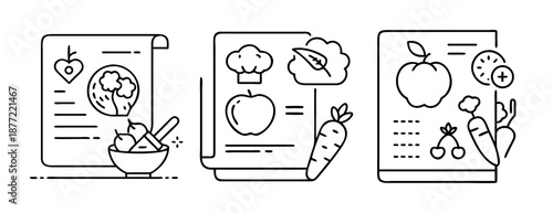 Three healthy food and cooking recipe line art icons on a white background