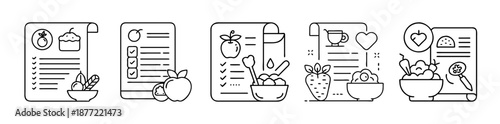 Collection of outline icons for healthy food, diet plans, and recipe