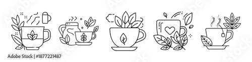 Set of five outline icons depicting hot tea beverages with natural herbal