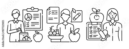 Outline illustrations of health and nutrition planning with people