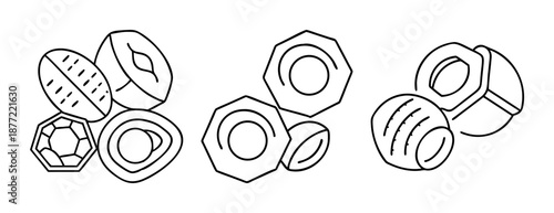 Minimalist black and white icons of nuts and seeds on white background