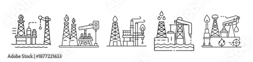 Outline icons depicting oil and gas industry rigs, refineries, and energy