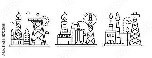 Black outline illustrations of oil and gas industry production